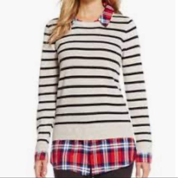 Intro Gray Navy Stripe Sweater With Plaid Collar - Picture 4 of 4